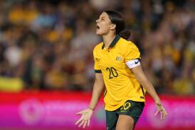 Sam Kerr reacts after a missed shot on goal in the Matilda's vs USA soccer match at McDonald Jones Stadium, Newcastle on 30 November 2021. Picture Max Mason-Hubers