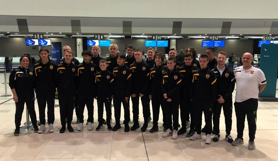 Felix Rice, pictured with the WA Under 15s football team on the way to the Jinshan International Youth Football Championships in China. 