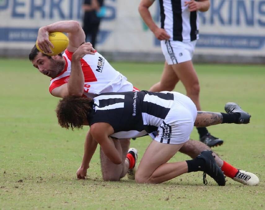The South Bunbury Tigers continue their pattern of strong finishes, dominating the Busselton Magpies in the second half of their Saturday afternoon game. Picture - Sharyn Newlands. 