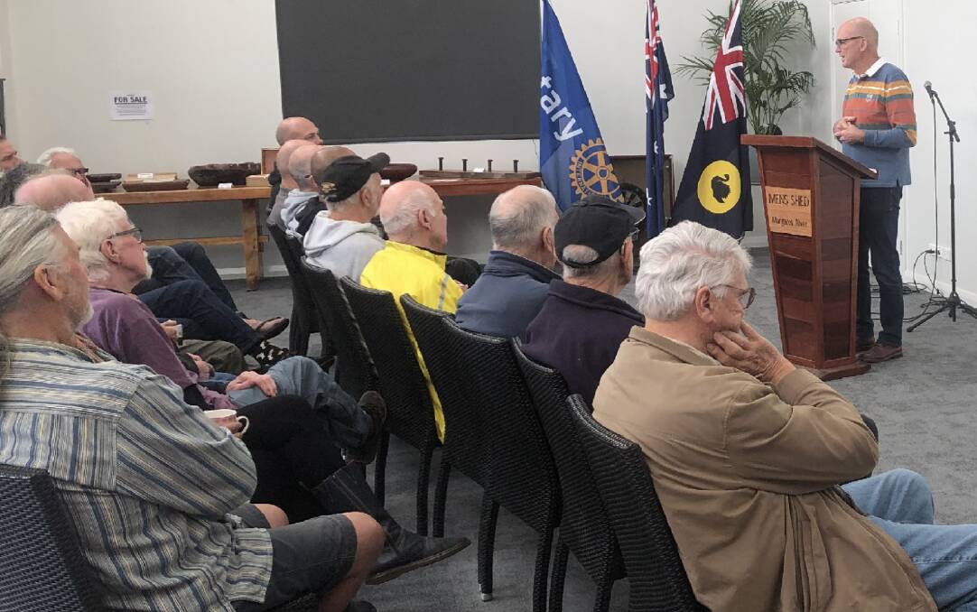 Dr Peter Durey (right) speaks at the first Margaret River Men's Shed Mental Health expo. Picture supplied. 